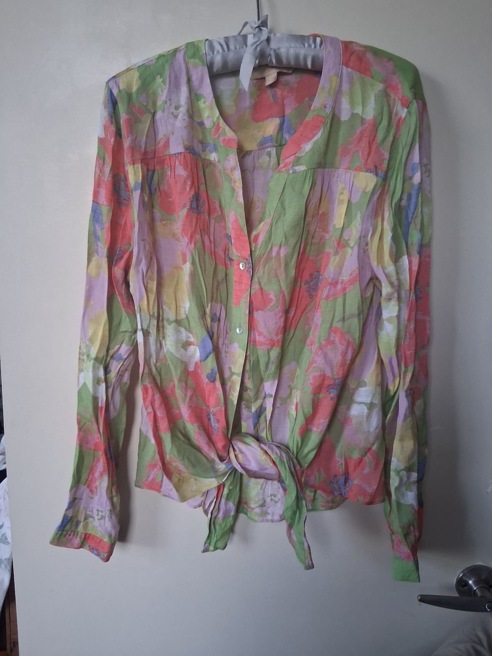 Tie-Front Floral Button-Down Blouse - Multicolor